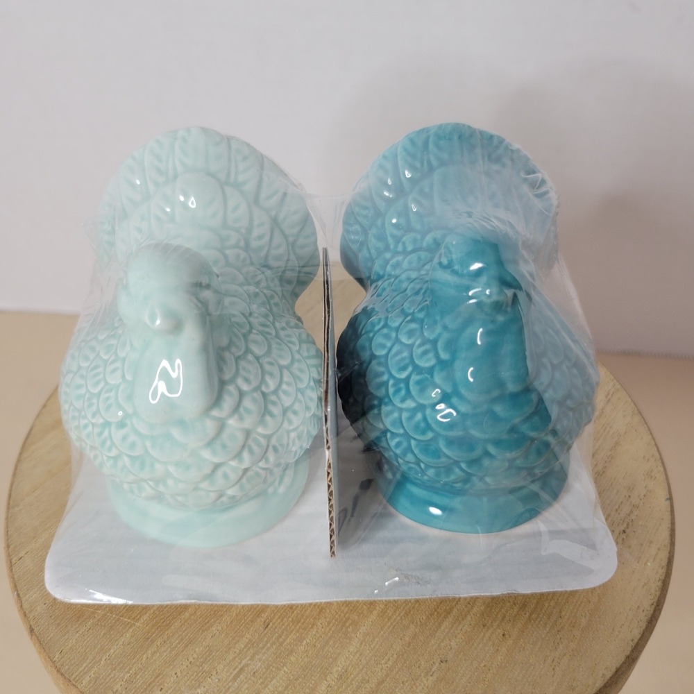 Target Bullseye Ceramic Turkey Salt Pepper Shaker Set Teal Blue Thanksgiving